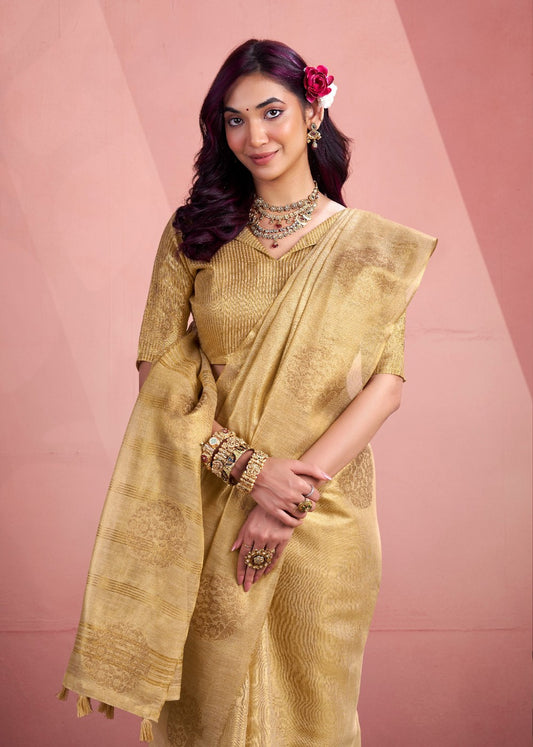 Beige Silk Tissue Zari Weaving work Saree with Blouse Piece