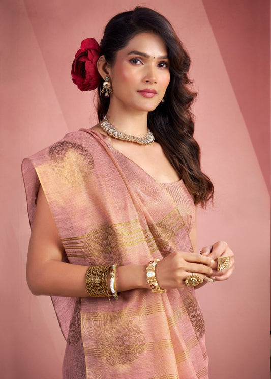 Baby Pink Silk Tissue Zari Weaving work Saree with Blouse Piece