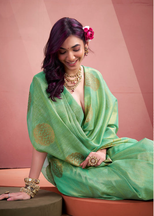 Sea Green Silk Tissue Zari Weaving work Saree with Blouse Piece
