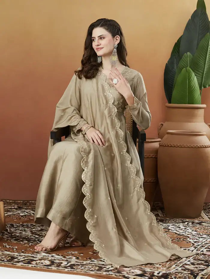 Women's Beautiful Vichitra Silk Fabric Embroidery Work Flared Anarkali Pant and Dupatta Set Janvi