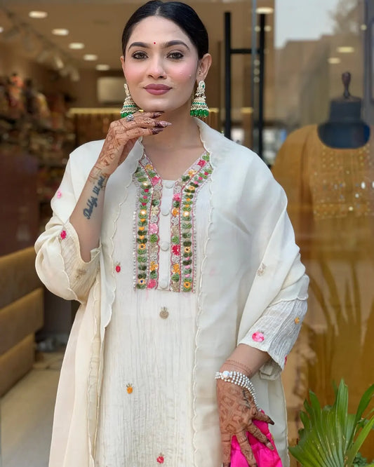 Women's Gorgeous Chinon Fabric Embroidery Work Straight Kurta Pant and Dupatta Set