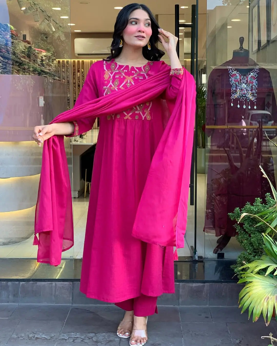 Women's Gorgeous Chanderi Fabric Embroidery Work Straight Kurta Pant and Dupatta Set