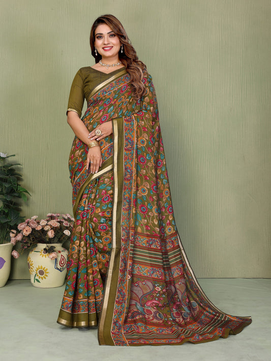 Green Printed Mal Cotton Saree With Blouse