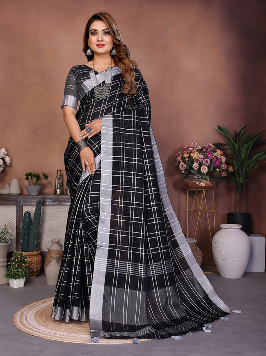 Black Weaving Linen Cotton Saree With Blouse