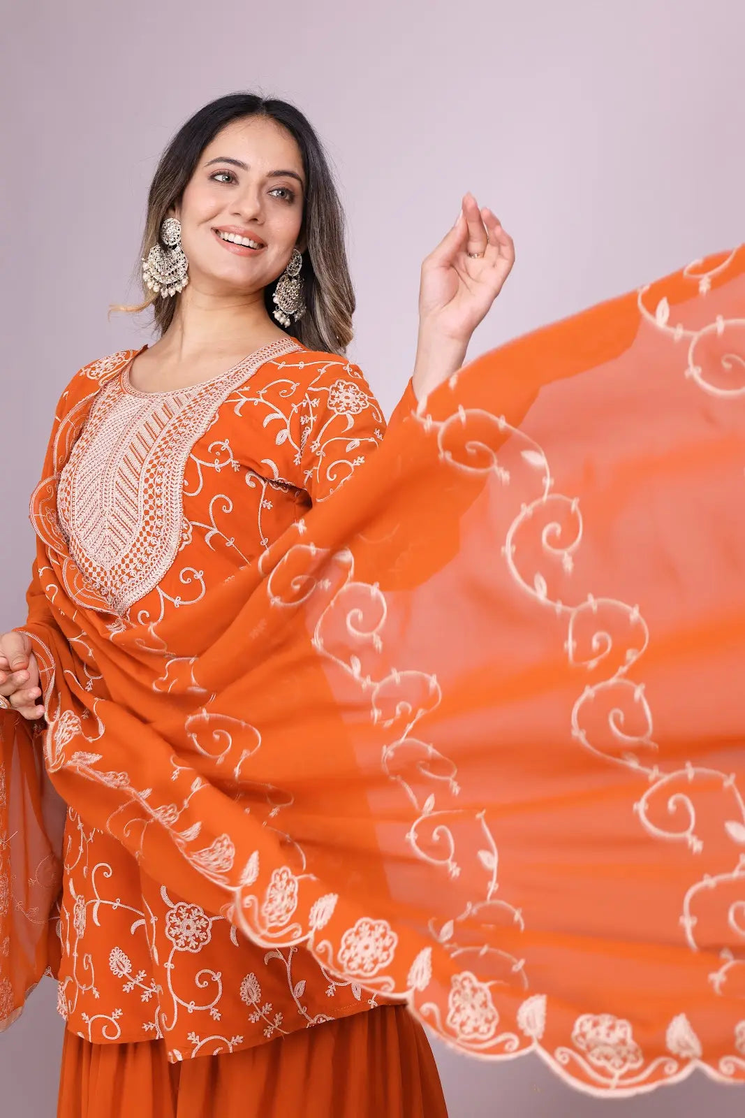 Women's Fox Georgette fabric Embroidery work Kurta with Sharara and Dupatta set 71 Orange