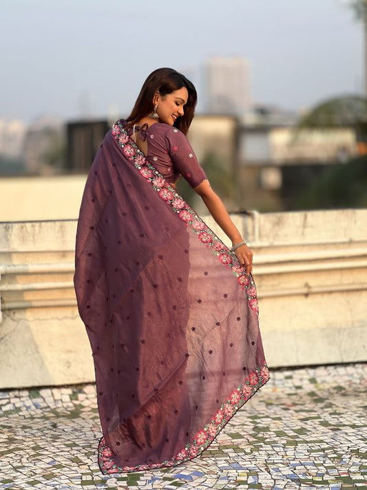 Wine Color Crush Silk Fabric Designer Embroidered Wedding Special Saree