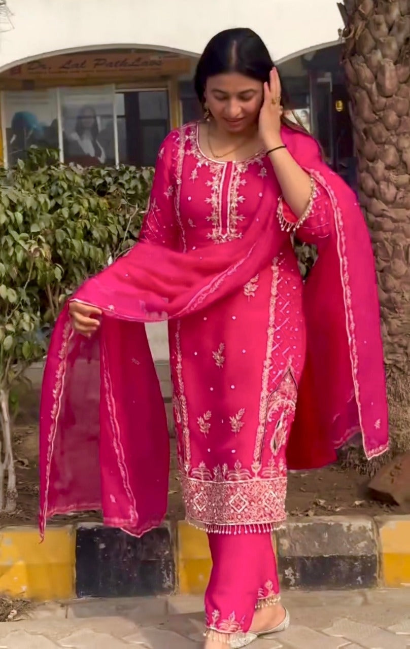 Women's Chinon fabric Embroidery work Kurta with Pant and Dupatta set 3888