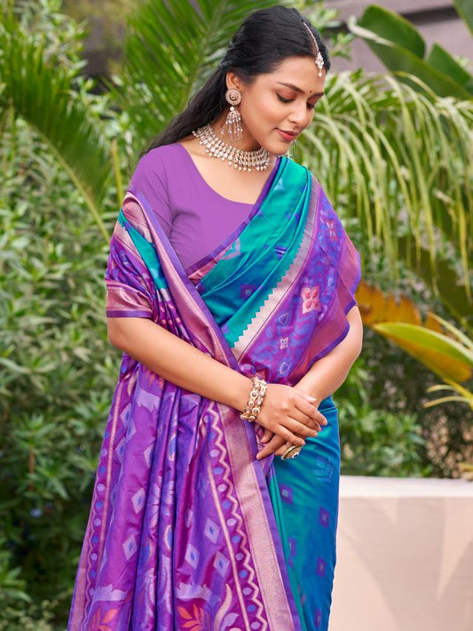 Rama Blue Color Pochampalli Silk Fabric Ethnic Woven Designer Partywear Saree