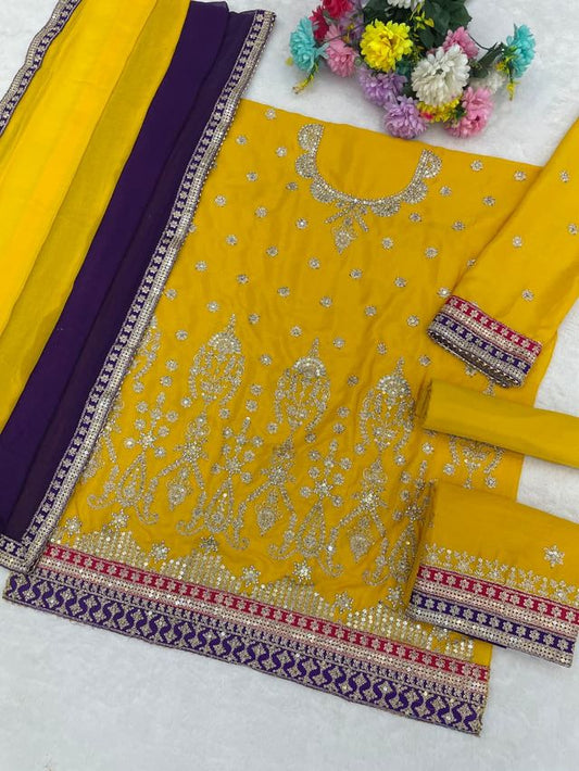 Yellow Chinon Silk Semi Stitched Wedding Suits