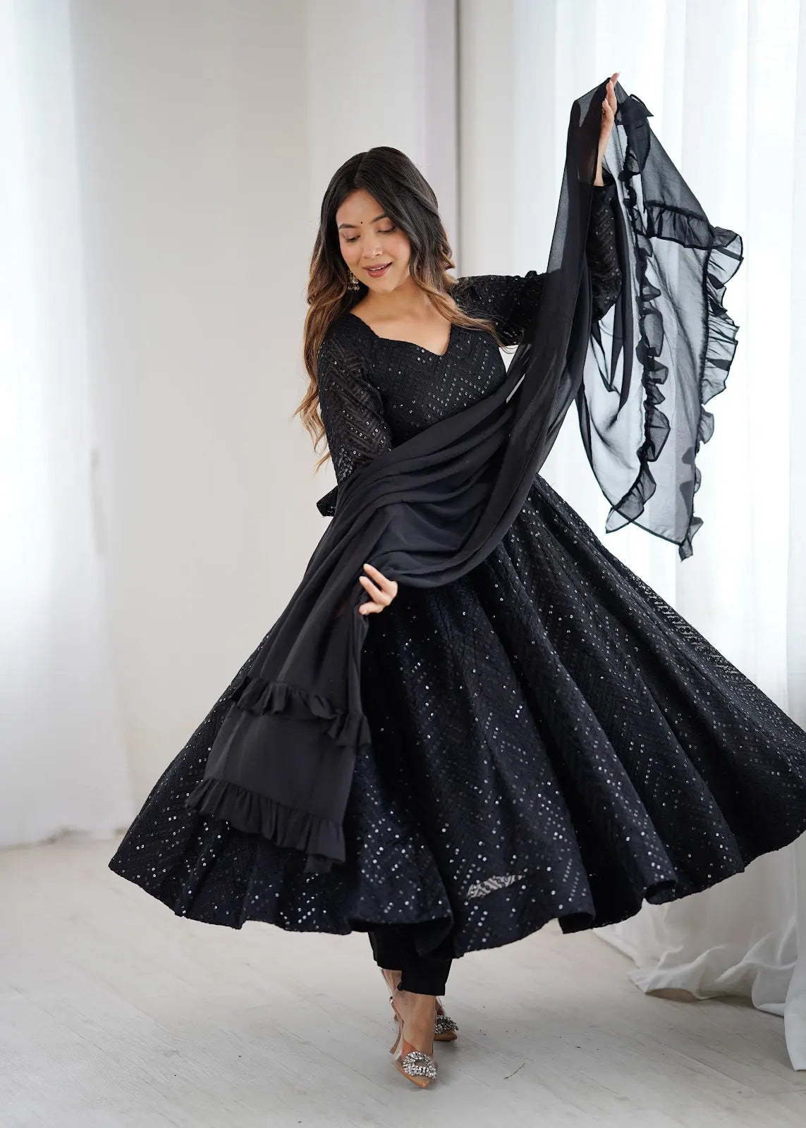Women's Gorgeous Embroidery Fox Georgette Fabric Flared Anarkali Pant and Dupatta Set 55