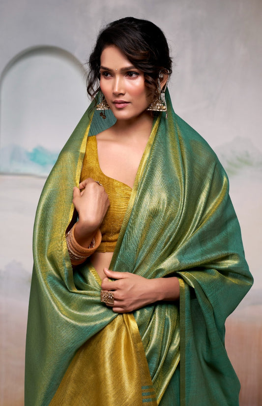 Green Handloom Tissue Silk Self Woven Plain Saree