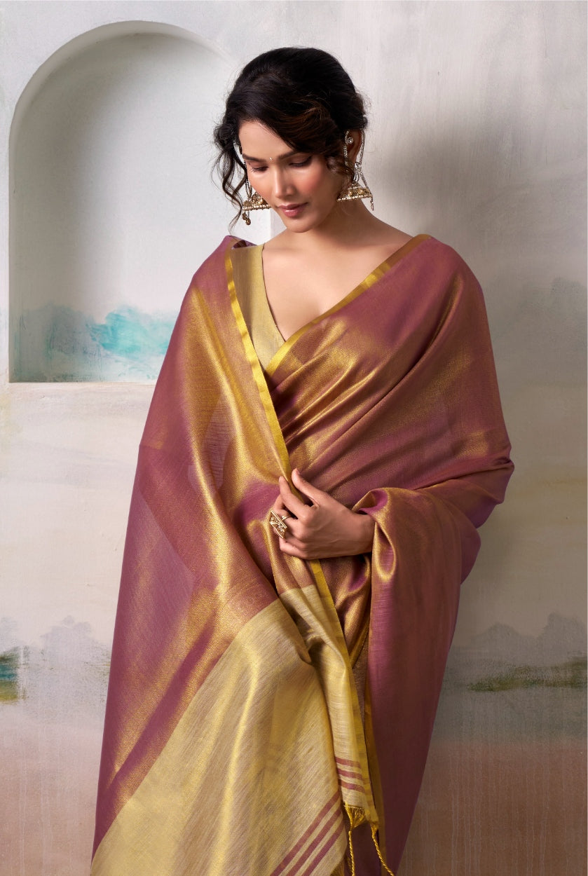 Pink Gold Handloom Tissue Silk Self Woven Plain Saree