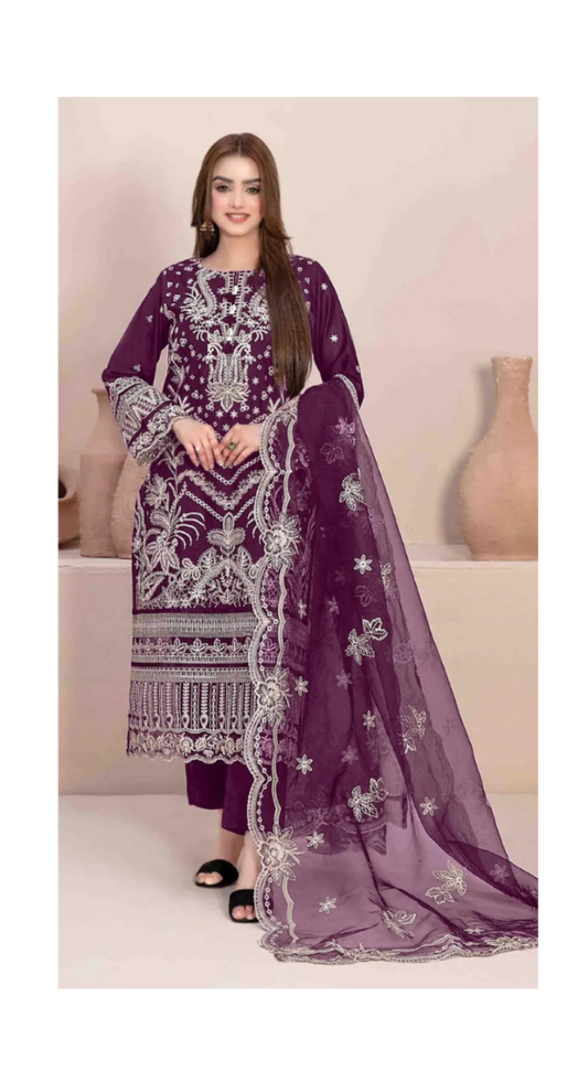 Purple Faux Georgette Semi Stitched Suit with Embroidery Work