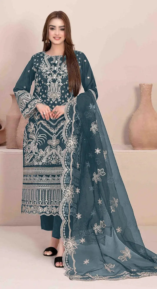Teal Faux Georgette Semi Stitched Suit with Embroidery Work