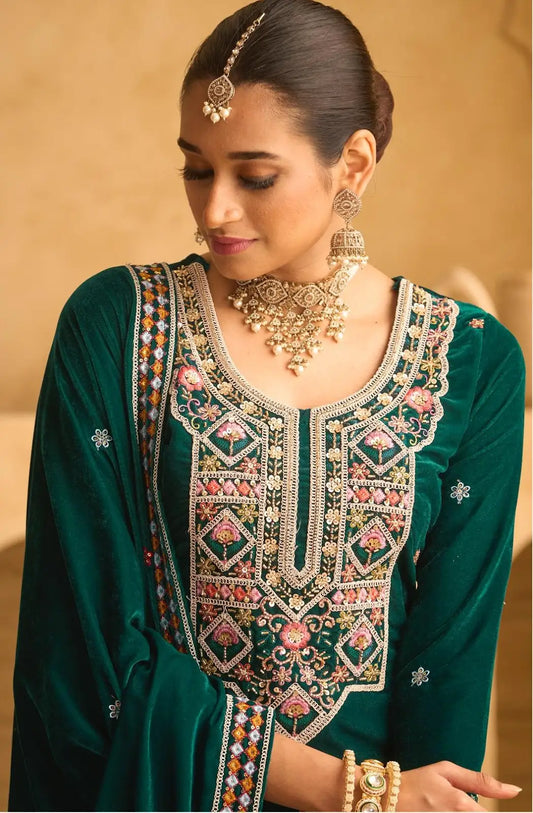 Green Embroderied with beads Velvet Semi-Stitched Plazo Suit