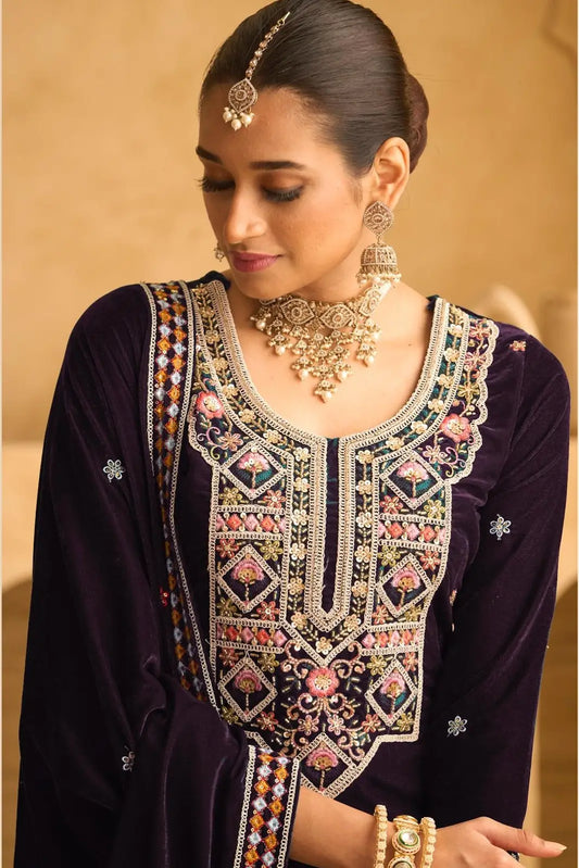 Dark Wine Embroderied with beads Velvet Semi-Stitched Plazo Suit