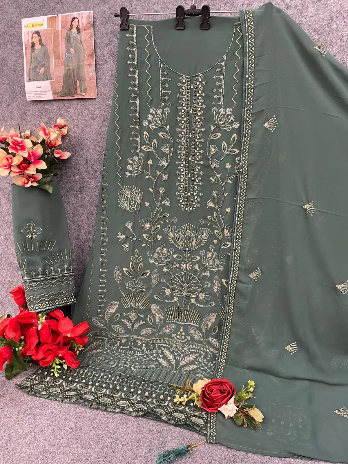 Green Faux Georgette Semi Stitched Suit with Embroidery Work