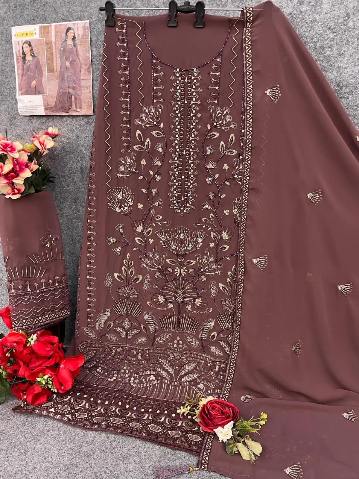 Brown Faux Georgette Semi Stitched Suit with Embroidery Work