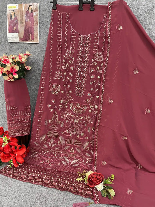 Maroon Faux Georgette Semi Stitched Suit with Embroidery Work
