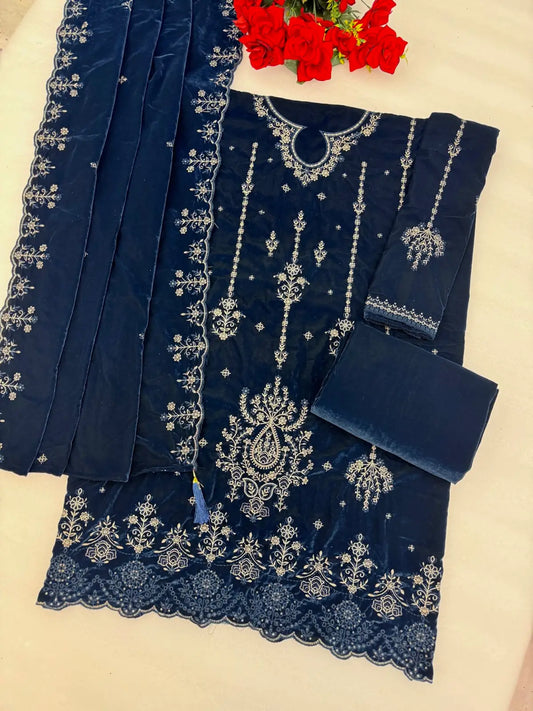 Navy Blue Velvet Semi Stitched Suit with Embroidery Sequence Work