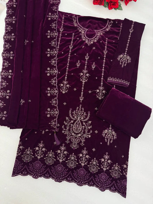 Purple Velvet Semi Stitched Suit with Embroidery Sequence Work