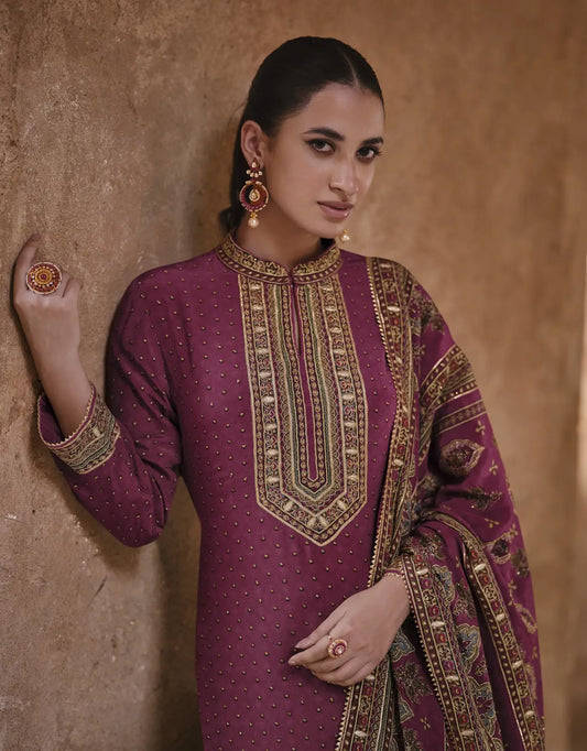 Purple Silk Readymade Palazzo Suit with Swarovski Work