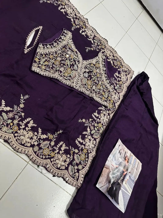 Purple Real Premium Silk Stitched Shrug Suit with Embroidery Work