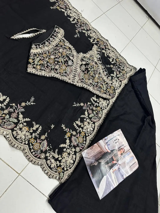 Black Real Premium Silk Stitched Shrug Suit with Embroidery Work
