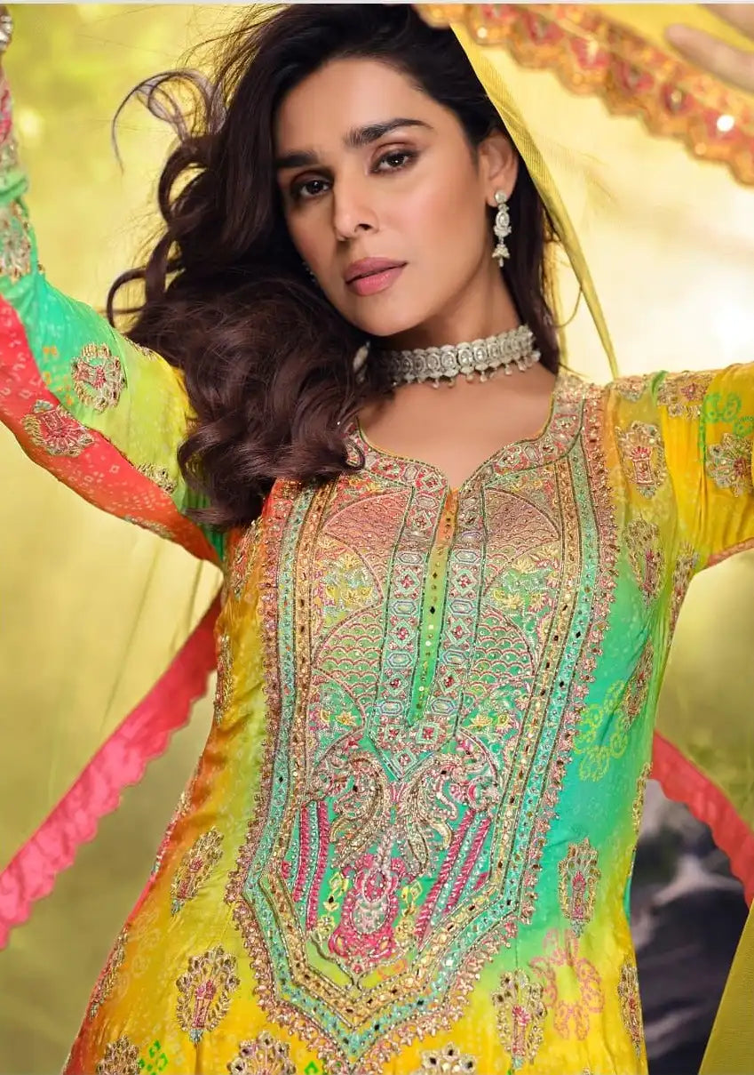 Yellow Chinon Free Size Stitched Suit with Embroidery & Sequence Work