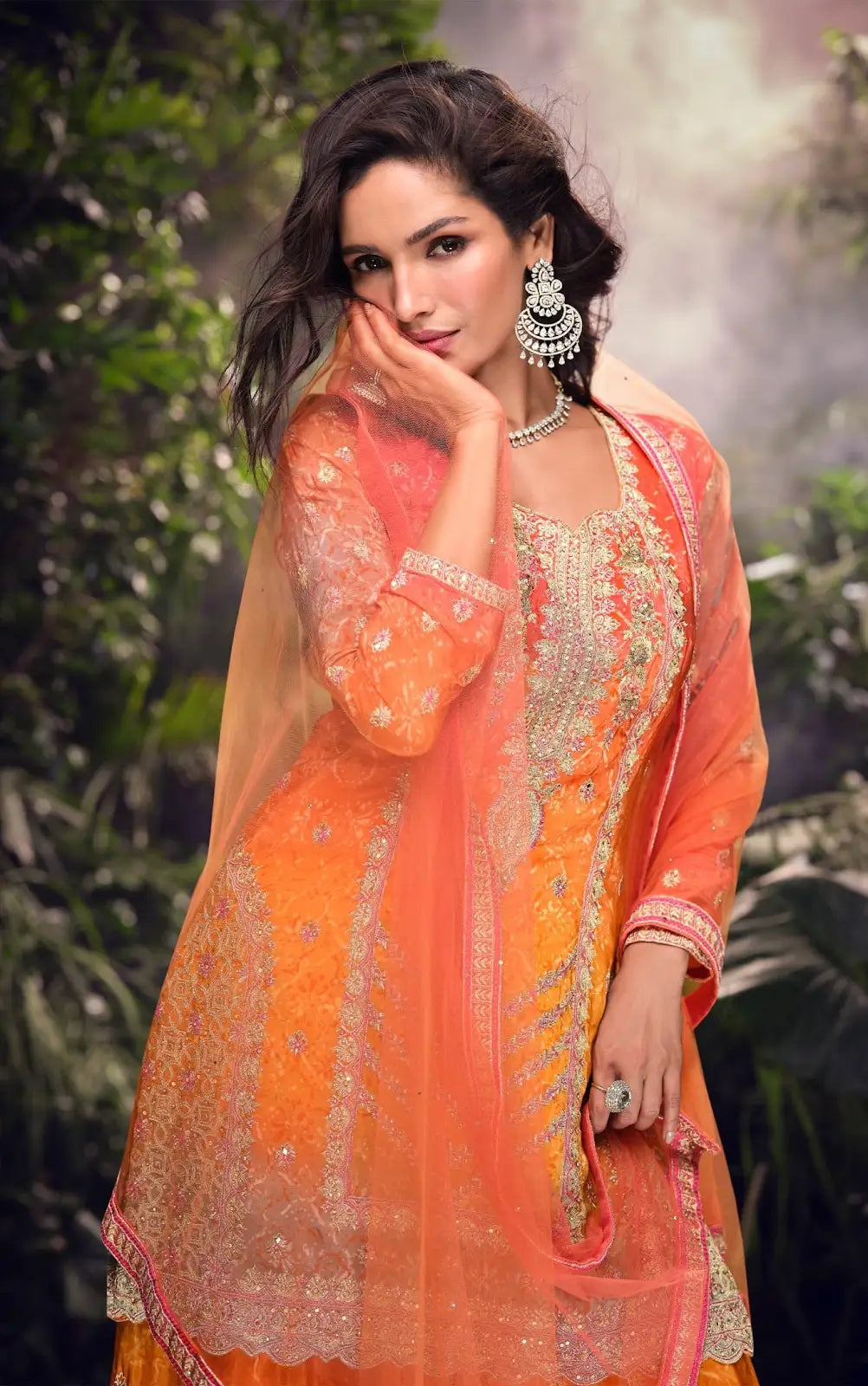Orange Chinon Free Size Stitched Suit with Embroidery & Sequence Work