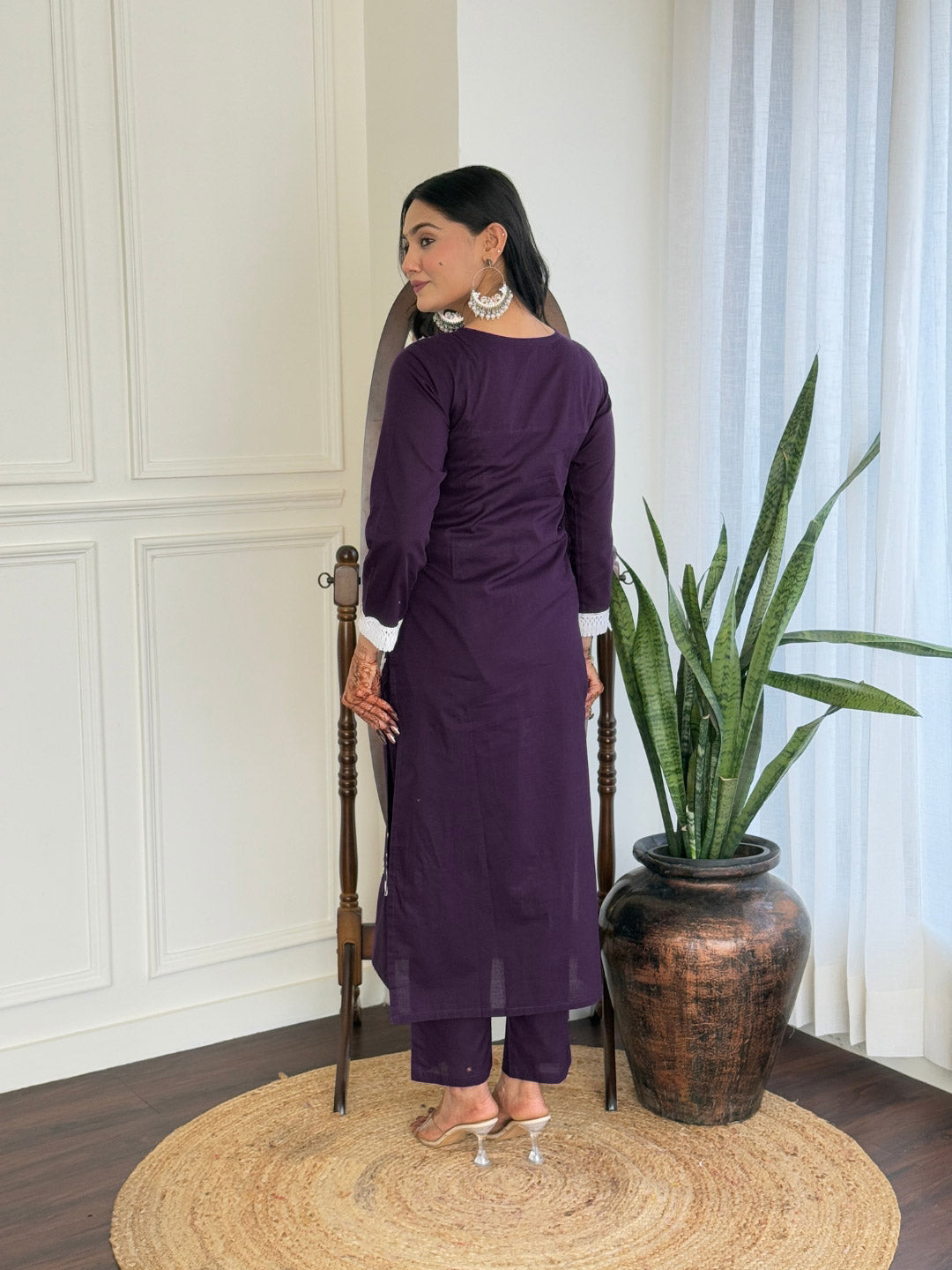 Chikankari Work with Pure Cotton Fabric Straight Kurta, Pant and Dupatta Set 574 Violate