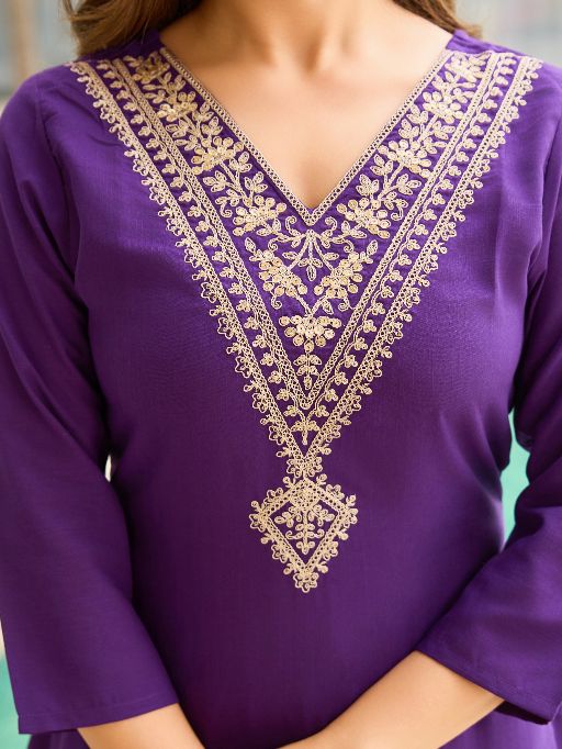 Violet Rayon Slub Fabric Straight Kurta, Pant and Dupatta Set