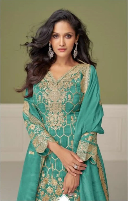 Sky Blue Real Shimmer Readymade Suit with Embroidery & Real Mirror Work