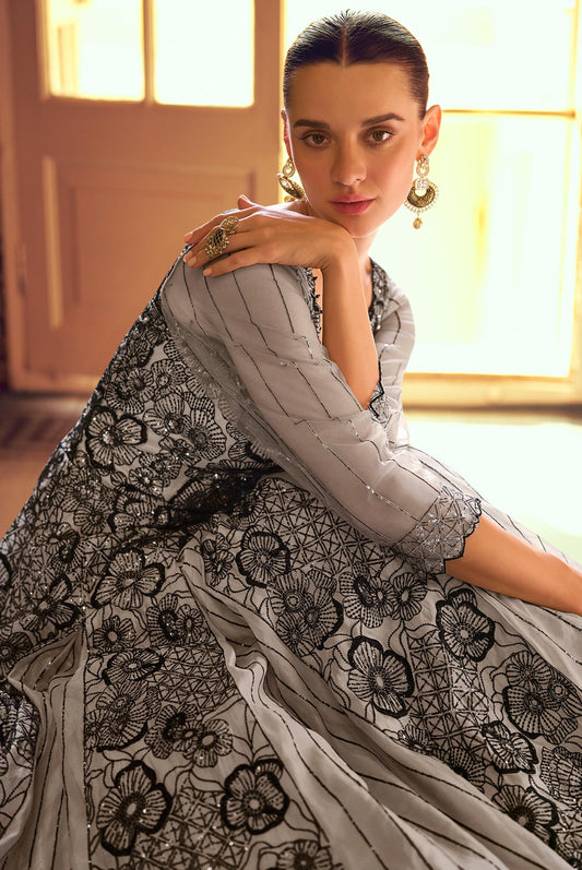 Grey Shimar Jacquard Silk Readymade Anarkali Suit with Heavy Embroidery Work