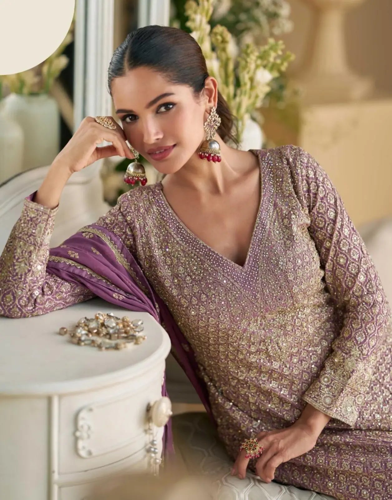 Lavender Heavy Georgette Free Size Stitched Suit with Sequence & Diamond work