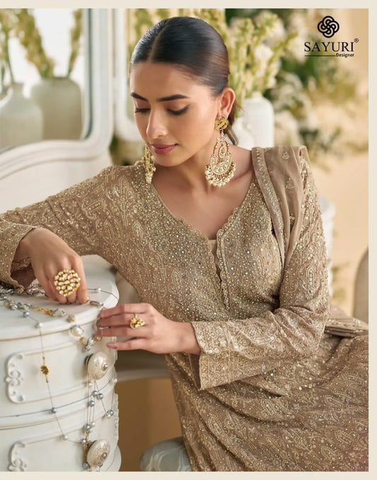 Beige Heavy Georgette Free Size Stitched Suit with Sequence & Diamond work