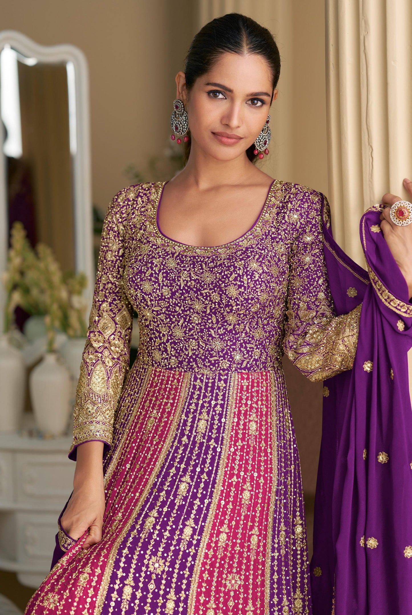 Purple Georgette Readymade Anarkali Suit with Embroidery Zarkan Work (Free Size)
