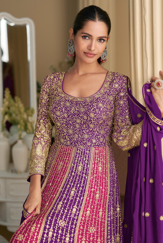 Purple Georgette Readymade Anarkali Suit with Embroidery Zarkan Work (Free Size)