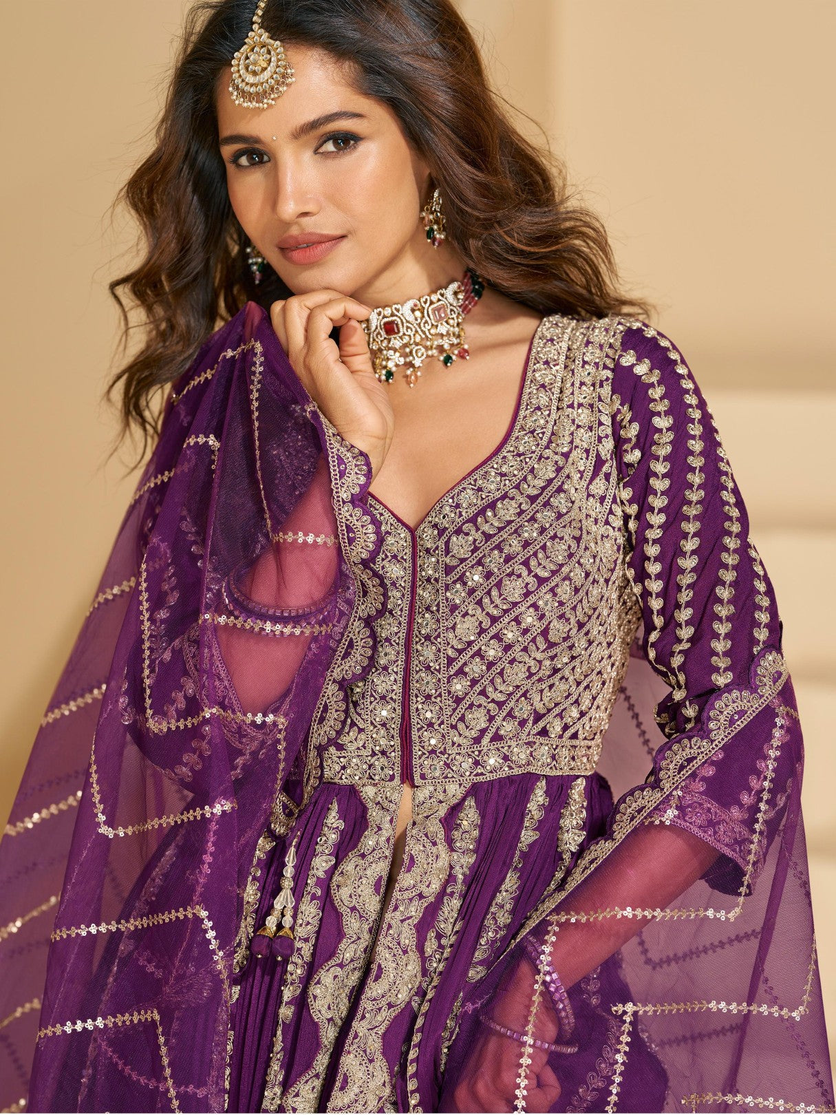 Purple Chinon Readymade Anarkali Lehenga with Heavy Embroidery Work