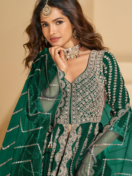 D Green Chinon Readymade Anarkali Lehenga with Heavy Embroidery Work