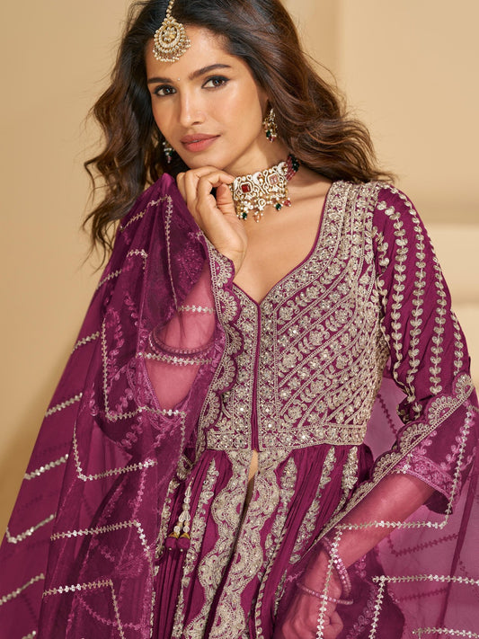 Maroon Chinon Readymade Anarkali Lehenga with Heavy Embroidery Work