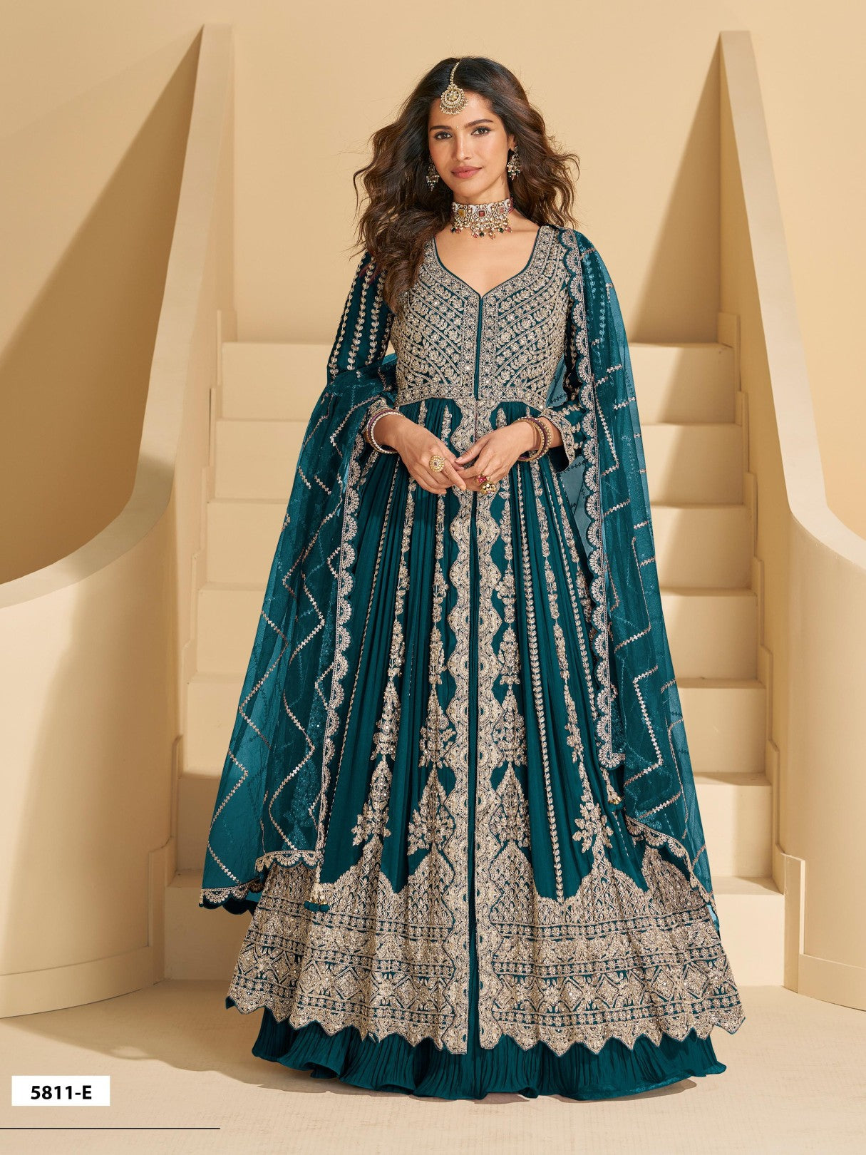 Teal Chinon Readymade Anarkali Lehenga with Heavy Embroidery Work