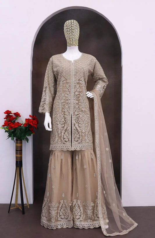 Cream Heavy Net Readymade Suit with Embroidery & Sequence Work