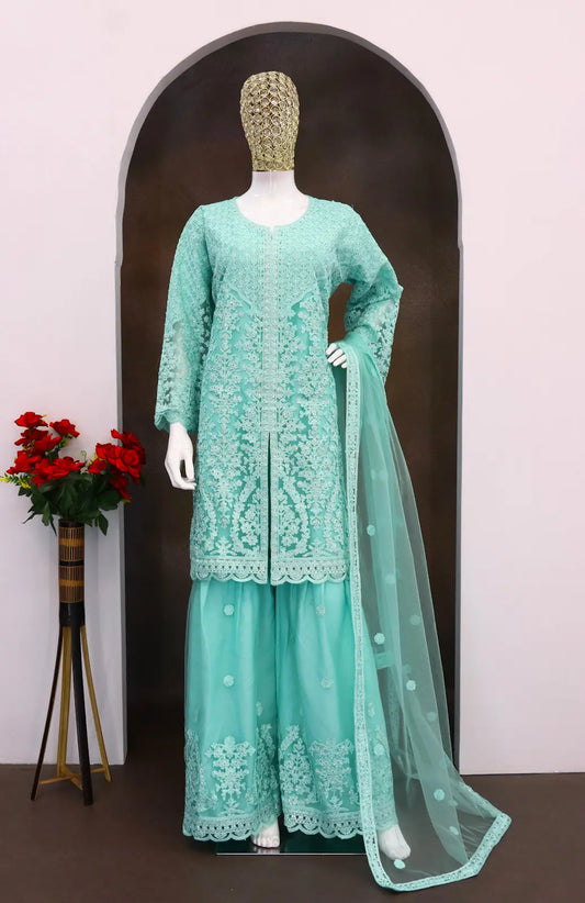 Sky Blue Heavy Net Readymade Suit with Embroidery & Sequence Work