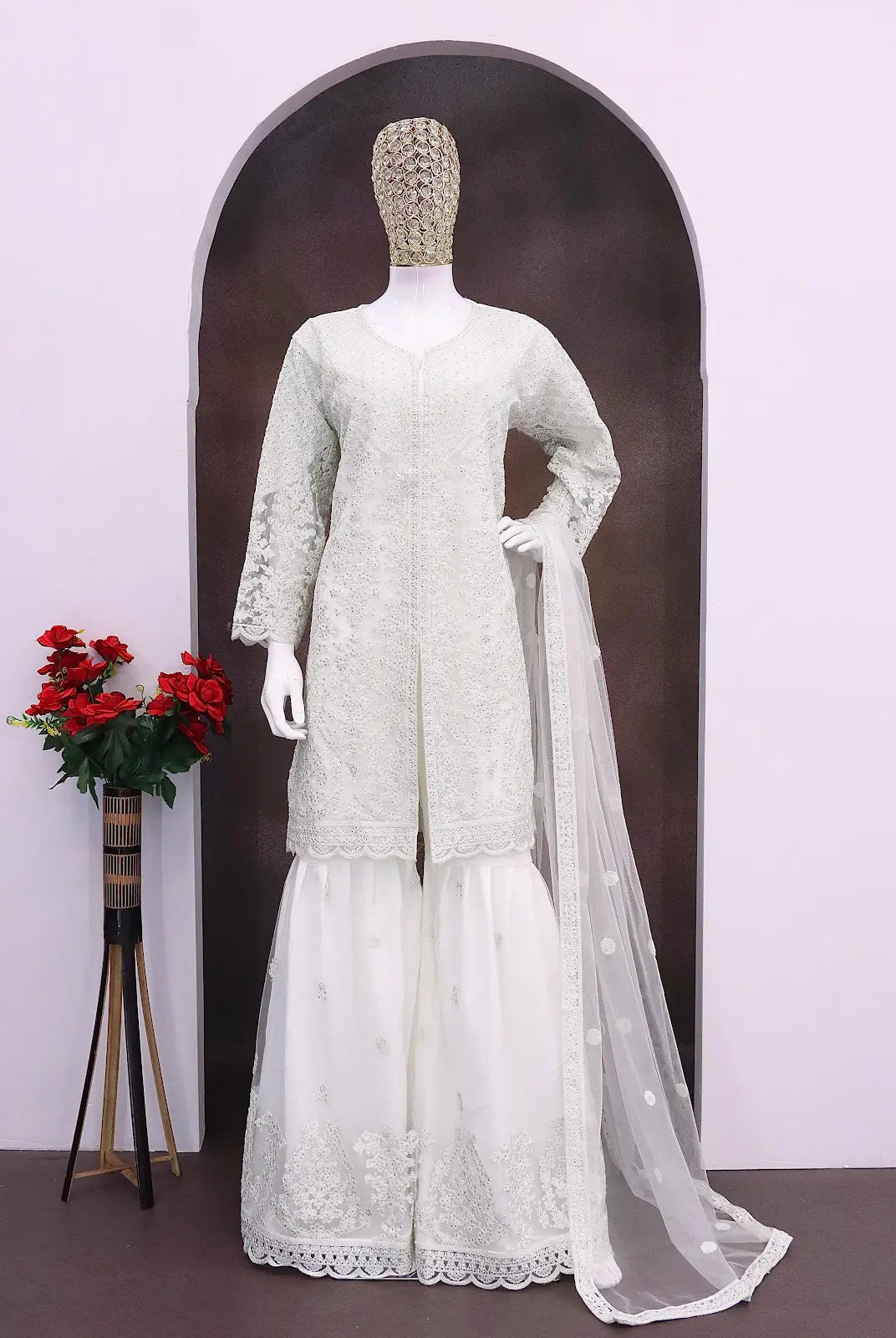 White Heavy Net Readymade Suit with Embroidery & Sequence Work