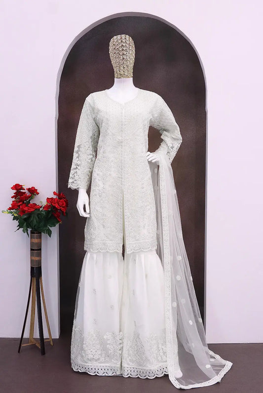 White Heavy Net Readymade Suit with Embroidery & Sequence Work