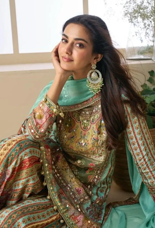 Sea Green Heavy Crepe Silk Ready Made Suit with Multi Digital Printed & Aari Work