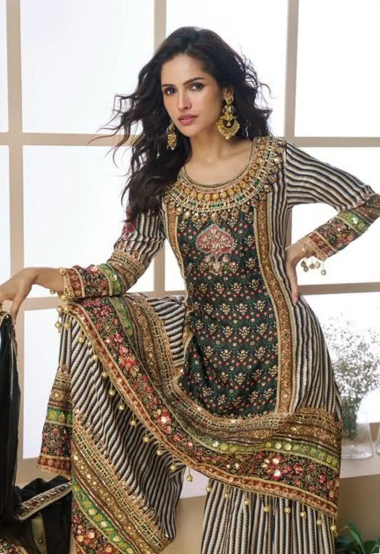Black Heavy Crepe Silk Ready Made Suit with Multi Digital Printed & Aari Work