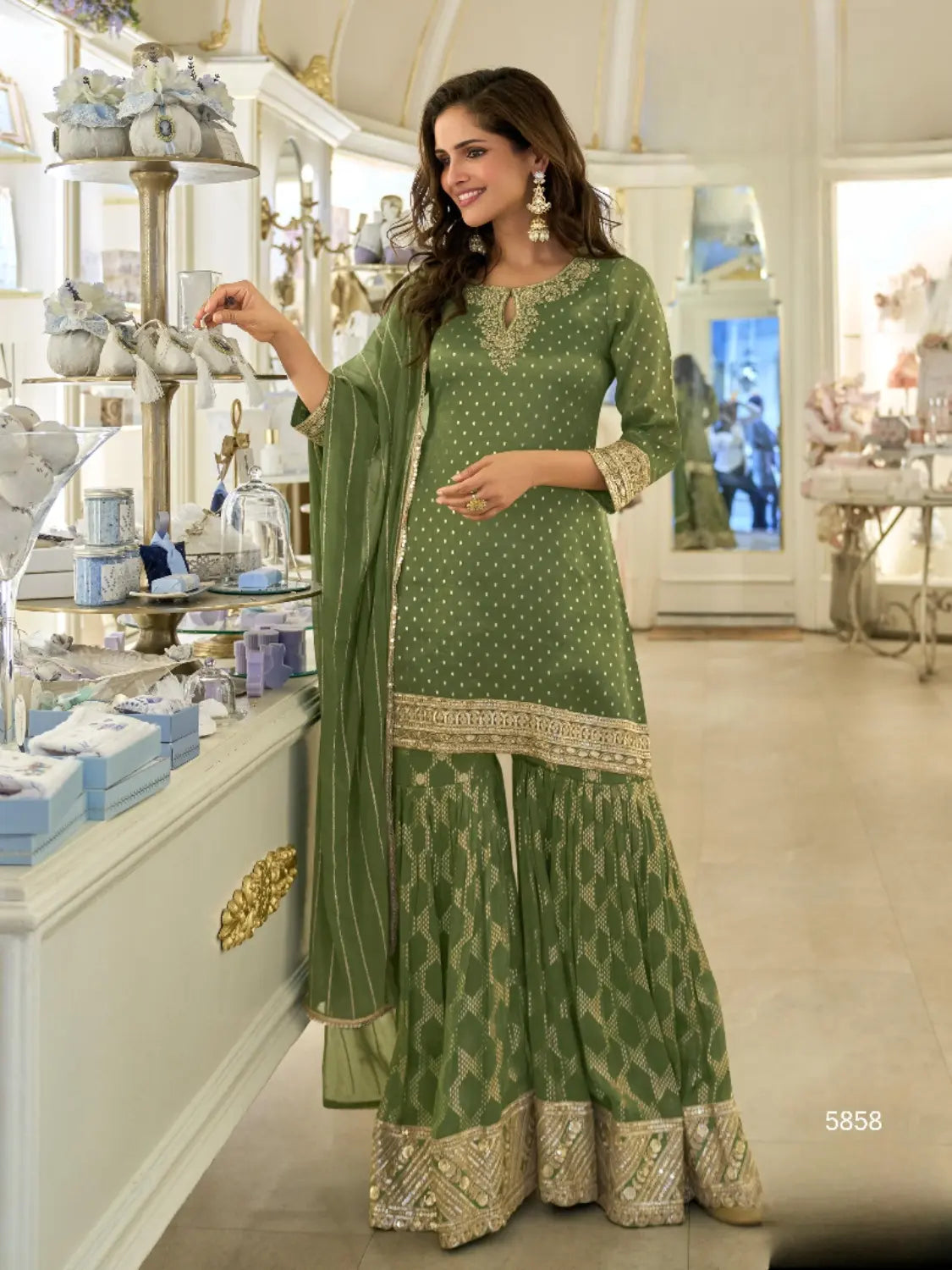 Mehendi Viscose Silk Readymade Plazzo Suit with Embroidery Work