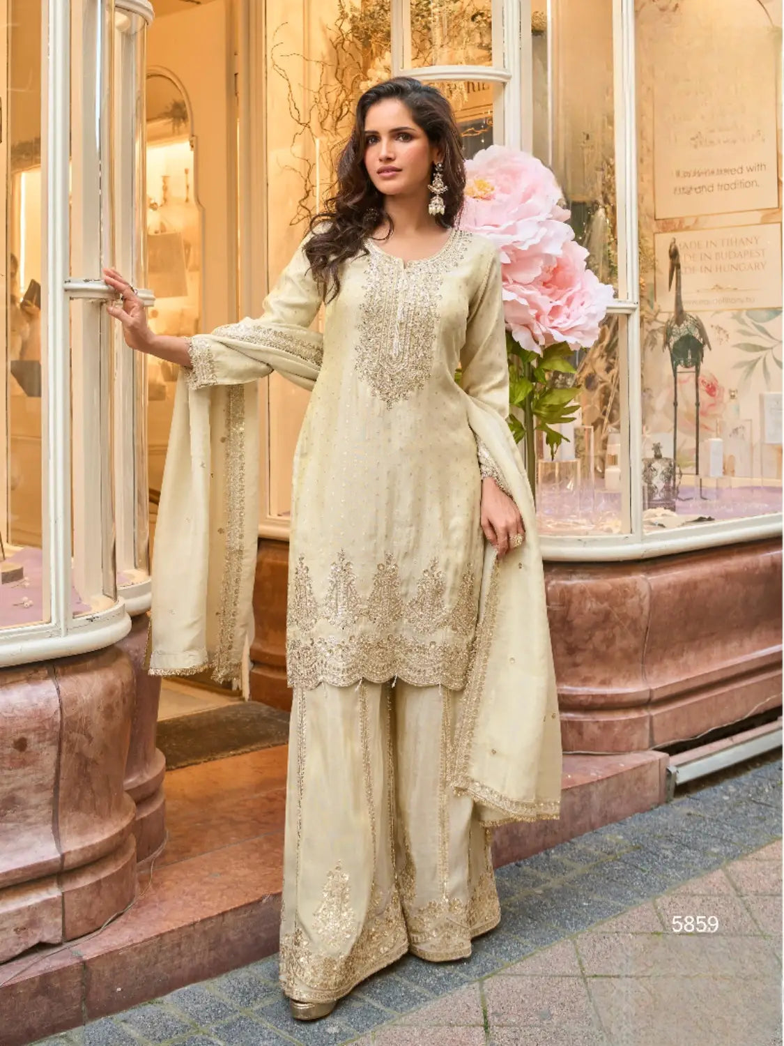 Beige Viscose Silk Readymade Plazzo Suit with Embroidery Work
